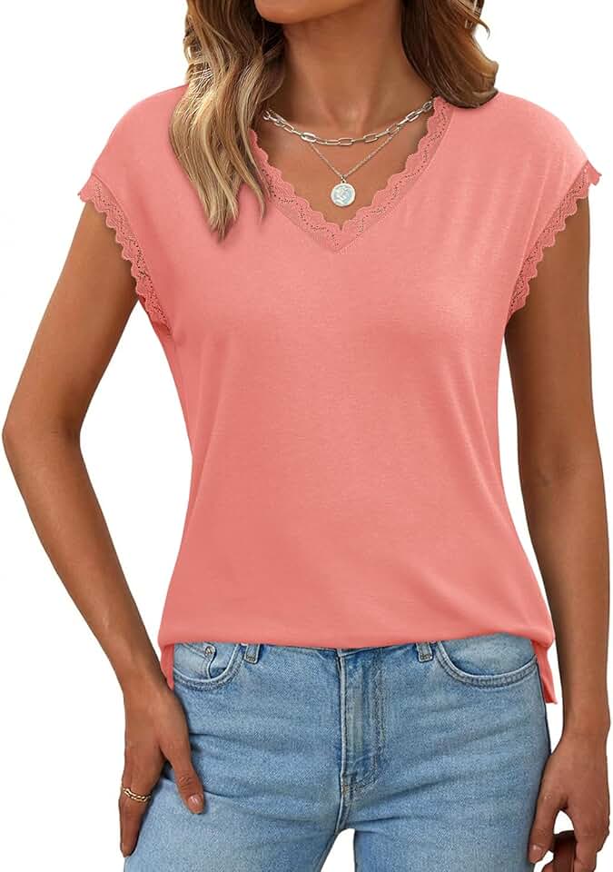 JUSTFASHIONNOW Lace Blouse Soft Cap Sleeve Tops for Women Summ...