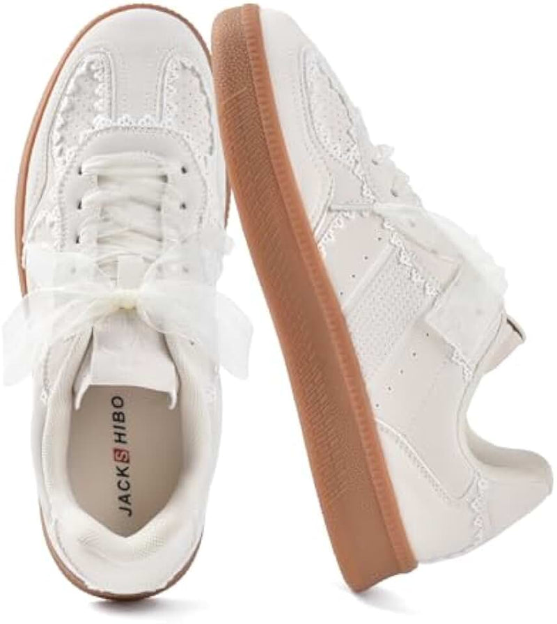 JACKSHIBO Women's Ribbon Lace-Up Fashion Sneakers Arch Support Gum Sole Tennis Walking Shoes with Memory Foam