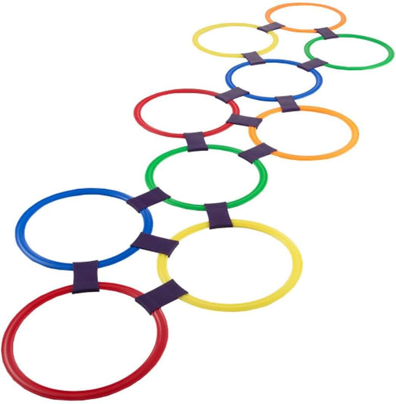 HEY! PLAY! Hopscotch Rings Game - Ten 11-Inch Plastic Rings and 15 Connectors for Indoor and Outdoor Use - Play Set for