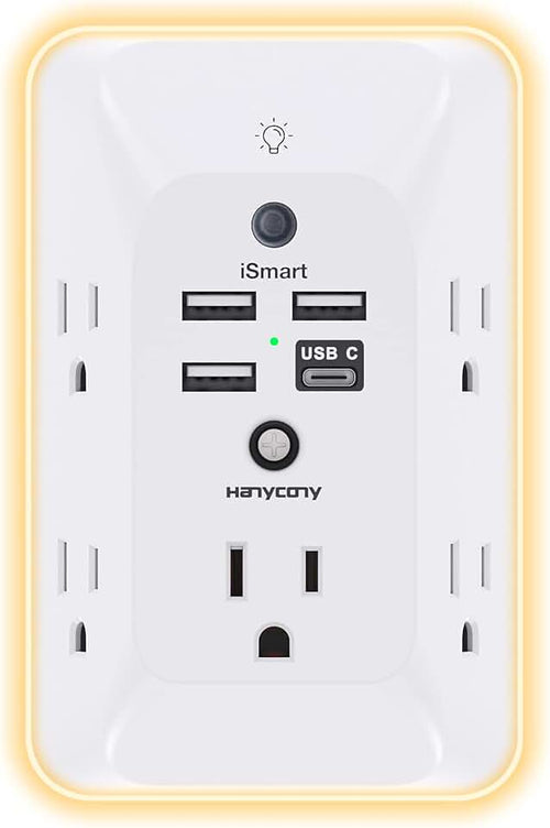 Outlet Extender with Night Light, HANYCONY Multi Plug Outlet, USB Wall Charger Surge Protector 4 USB Ports(1 USB C), Pow