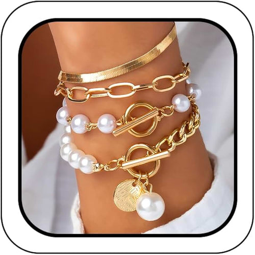DZSYJKTM 14K Gold OT Buckle Coin Pearl Paperclip Stacked Bracelet Set for Women, Statement Snake Pearl Paper Clip Bracel