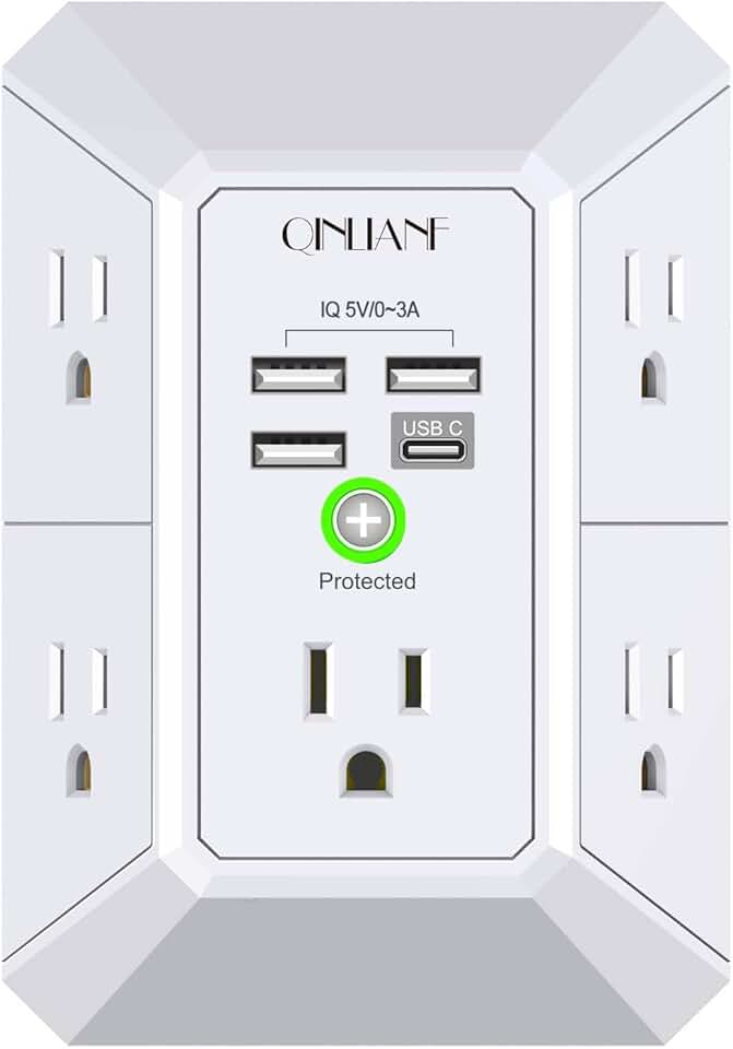 Wall Charger, Surge Protector, QINLIANF 5 Outlet Extender with 4 USB Charging Ports, 3-Sided 1680J Power Strip Multi Plu