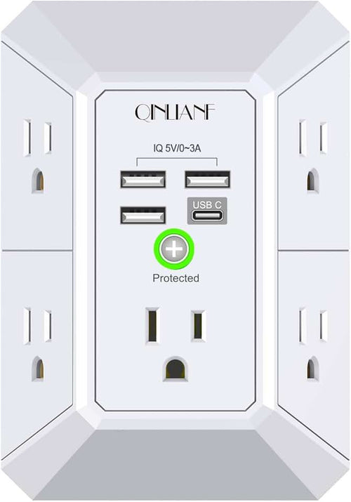 Wall Charger, Surge Protector, QINLIANF 5 Outlet Extender with 4 USB Charging Ports, 3-Sided 1680J Power Strip Multi Plu