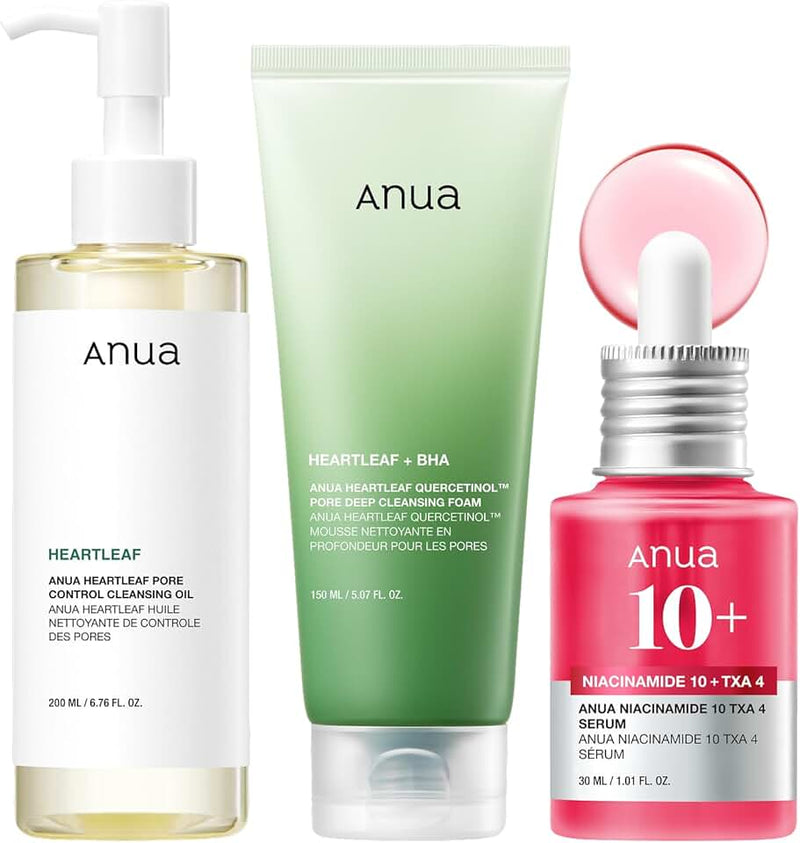 Anua 3-Step Glass Skin Beginner Set, Oil Cleanser and Face Wash with Facial Serum, Double Cleansing Daily Routine with N