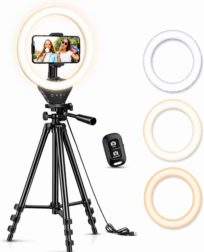 Sensyne 10'' Ring Light with 50'' Extendable Tripod Stand, LED Circle Lights with Phone Holder for Live Stream/Makeup/YouTube Video/TikTok, Compatible with All Phones