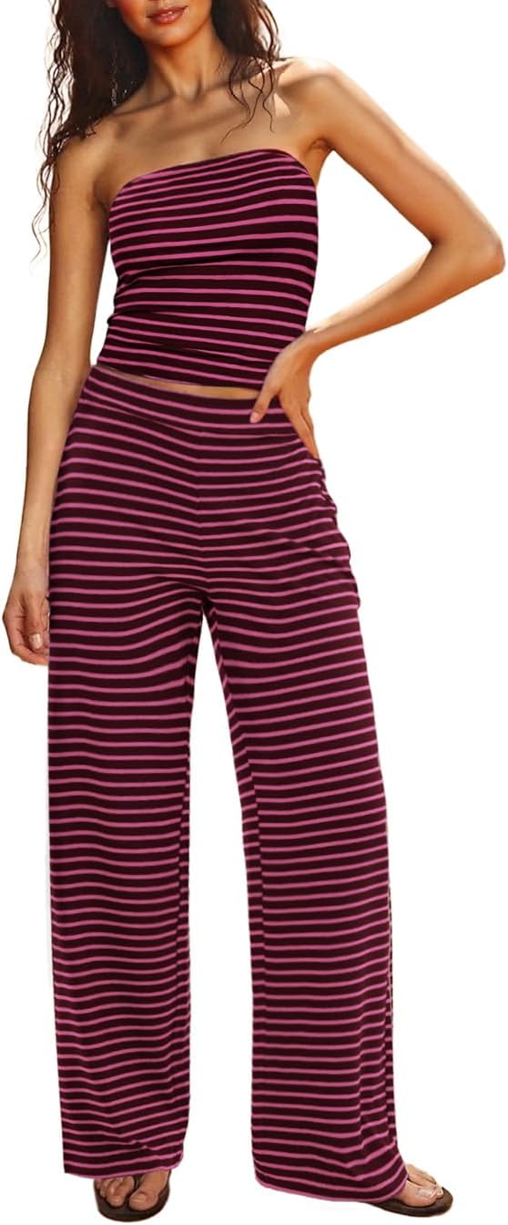 UNCOOYEE Two Piece Sets For Women Summer Outfits Lounge Sets Striped Tube Top And Pants Matching Sets Beach Vacation Travel