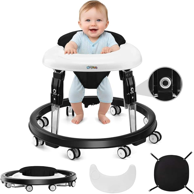 Baby Walker with Wheels, One-Touch Folding Baby Walkers with Height Adjustment, Large Dinner Plate and Brake, Walker for