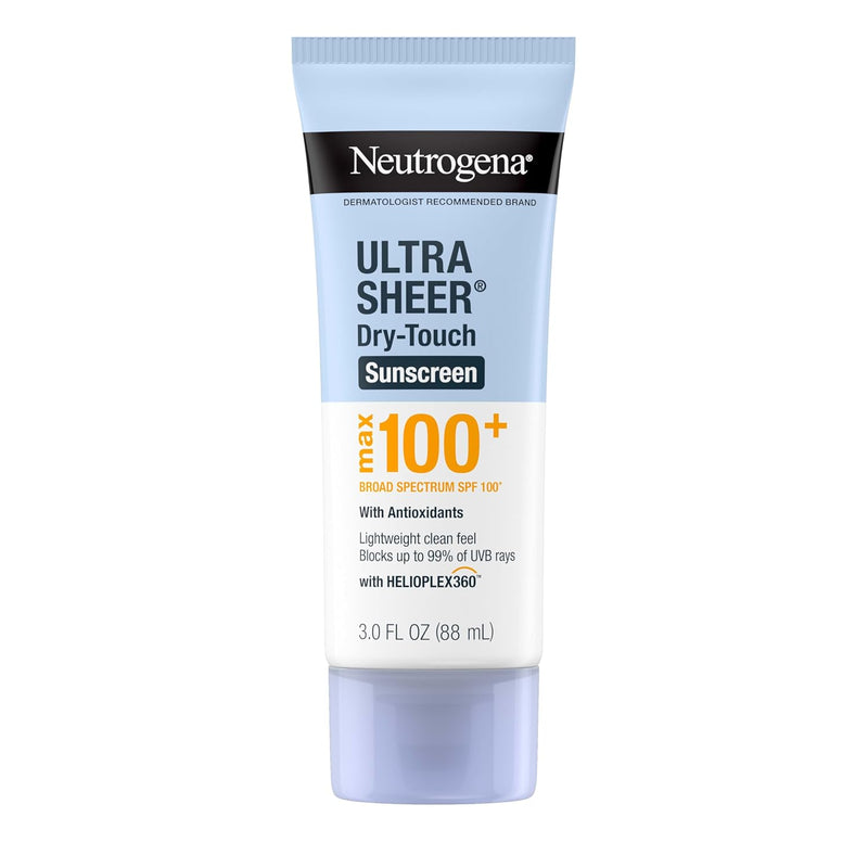 Neutrogena Ultra Sheer Dry-Touch Sunscreen Lotion, Max 100+ Broad Spectrum SPF 100 UVA/UVB Protection, Lightweight, Non-Greasy Sunscreen, Oxybenzone-Free, Antioxidant, Travel Size, 3 fl oz
