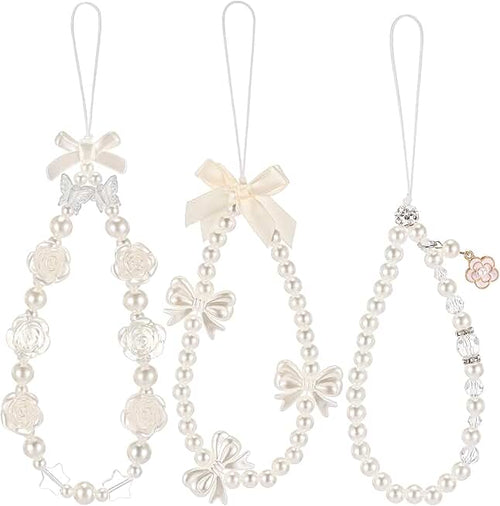 Ecally 3 Pcs Phone Charms Strap Camera Charm Strap Pearl Beaded Butterfly Bow Flower Cute Phone Wris