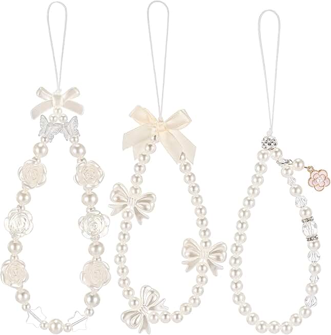 Ecally 3 Pcs Phone Charms Strap Camera Charm Strap Pearl Beaded Butterfly Bow Flower Cute Phone Wris