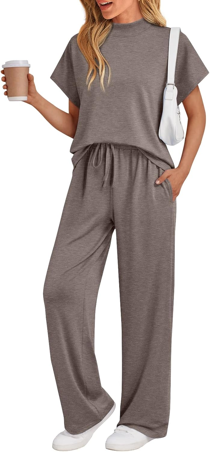 AUTOMET Women's 2 Piece Matching Lounge Sets 2026 Summer Mock Neck Sweatsuits Short Sleeve Loungewear Travel Outfits