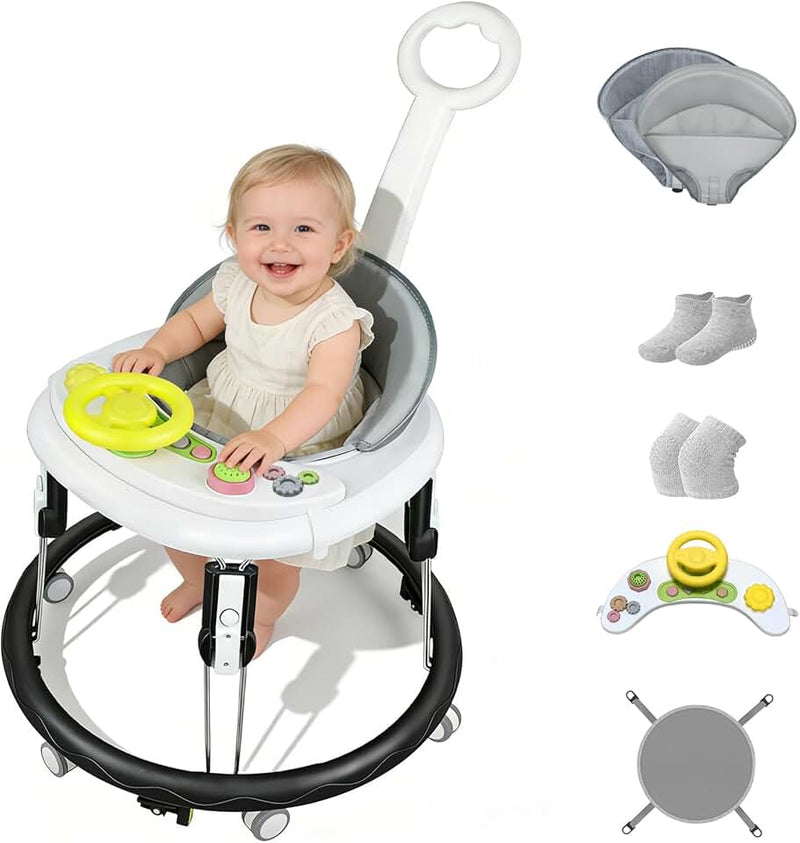 Foldable Baby Walker for Boys and Girls, 5-in-1 Baby Walker with Wheels, Adjustable Height Toddler Activity Walker with