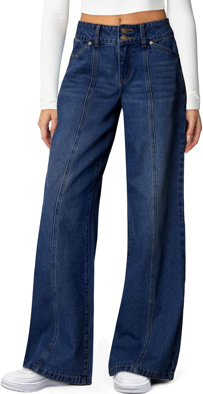 Sidefeel Women's Wide Leg Jeans High Waisted Stretchy Straight Leg Jeans Trendy Seamed Front Loose Denim Pants