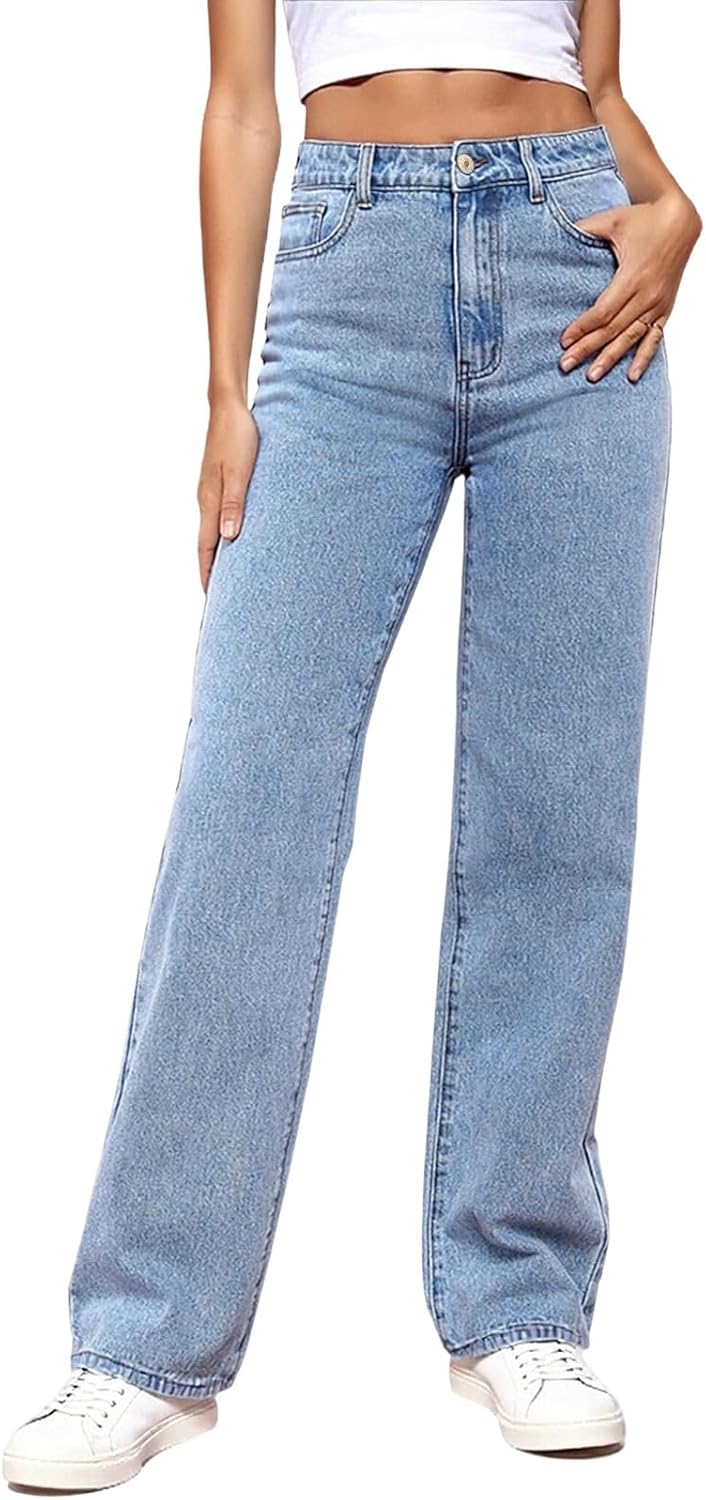Women's Straight Leg Jeans Tummy Control Trendy High Waisted Stretchy Casual Denim Pants Baggy Trousers