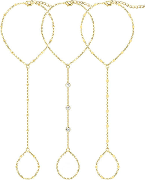 17 MILE 3PCS 14K Gold-Plated Hand Chain Bracelets for Women, Stack Bracelets Set Adjustable, Trendy Dainty Ring Bracelet