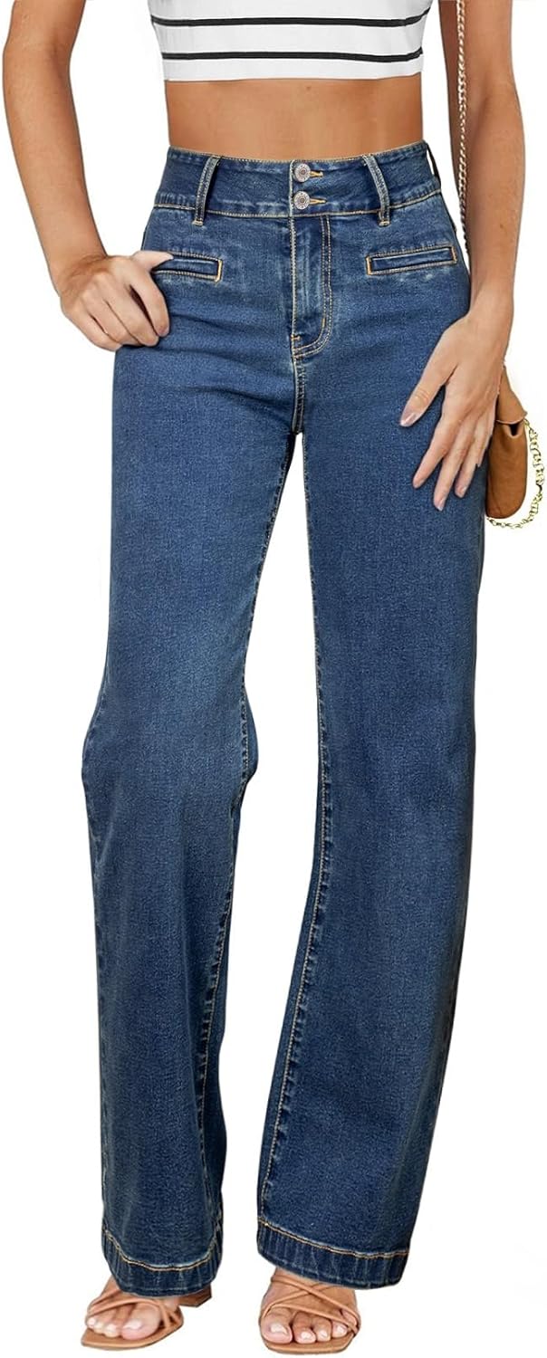 Sidefeel Women's Jeans High Waisted Straight Leg Stretchy Jeans Trendy Loose Wide Leg Zimbaplatinum Denim Pants with Pockets