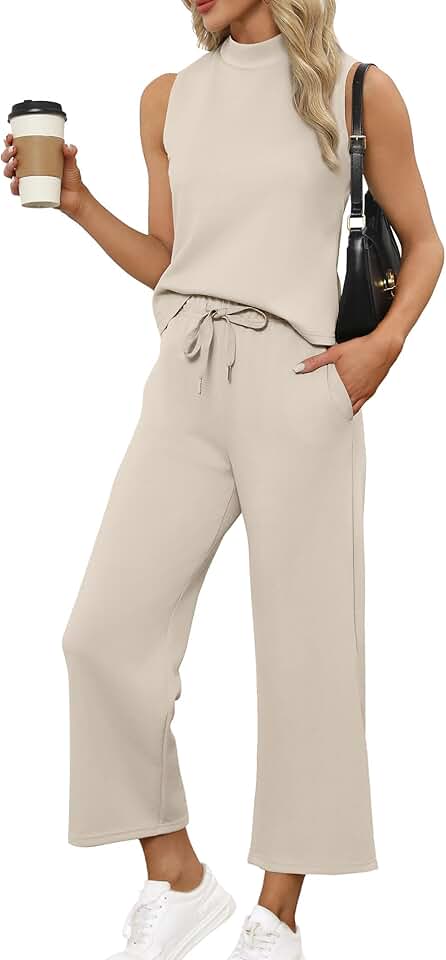 Sampeel Two Piece Sets for Women Summer Outfits Lounge Sets Mock Neck Tops Wide Leg Crop Pants Vacation Travel Outfits OEKO-TEX STANDARD 100