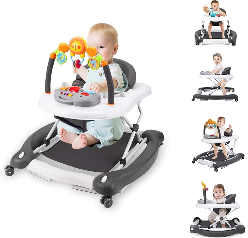 Baby Walker, 5-in-1 Baby Walkers for Boys and Girls 6-12 Months with Bouncer, Removable Footrest, Feeding Tray & Music,