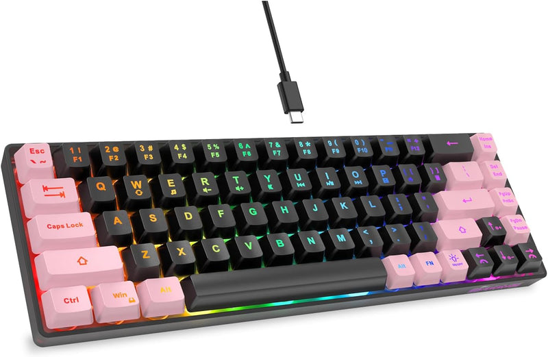 GEODMAER 65% Gaming Keyboard, LED Backlit, Ultra-Compact Anti-Ghosting No-Conflict 68 Keys Membrane Gaming Wired Keyboard for PC Laptop Windows Gamer(Black-Pink)