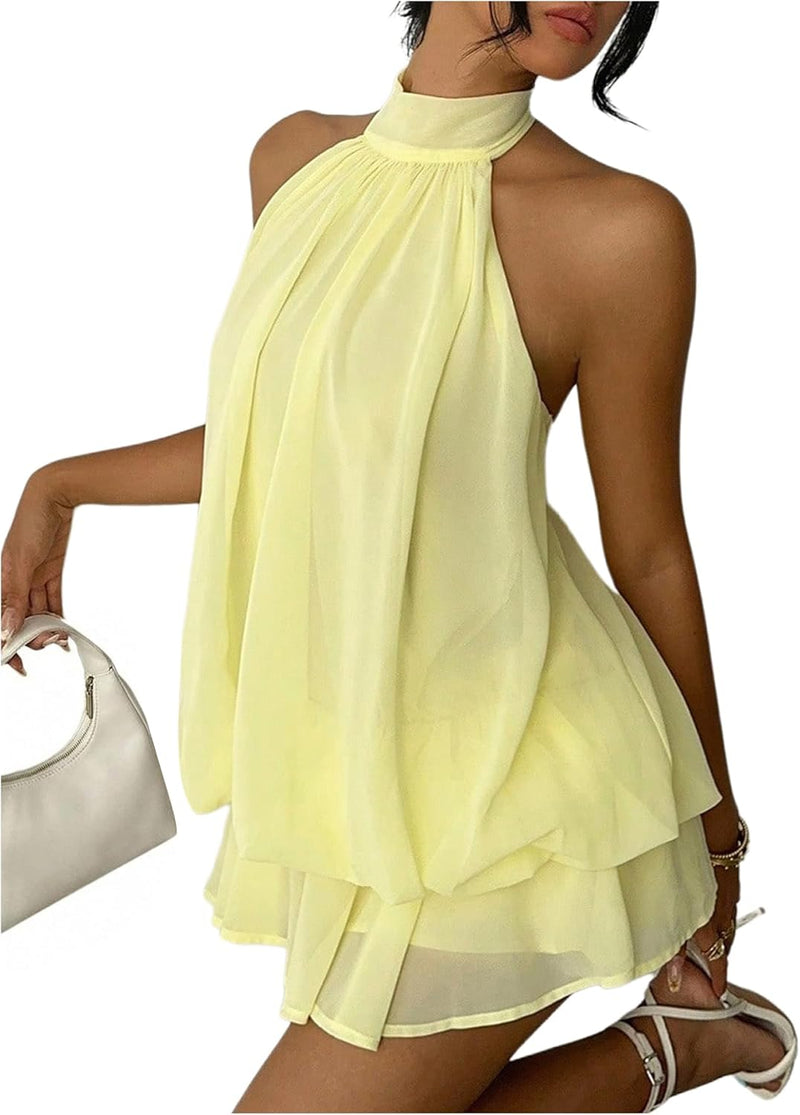 Verdusa Women's Chiffon Halter Drop Waist Wedding Guest Dresses Ruffle Summer Loose Fit Mini Dress Brunch Outfits