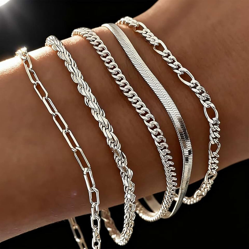 Generic 5Pcs Bracelets for Women Waterproof, Fashionable Jewelry Sets Trendy Thin Dainty Stackable Cuban Link Paperclip