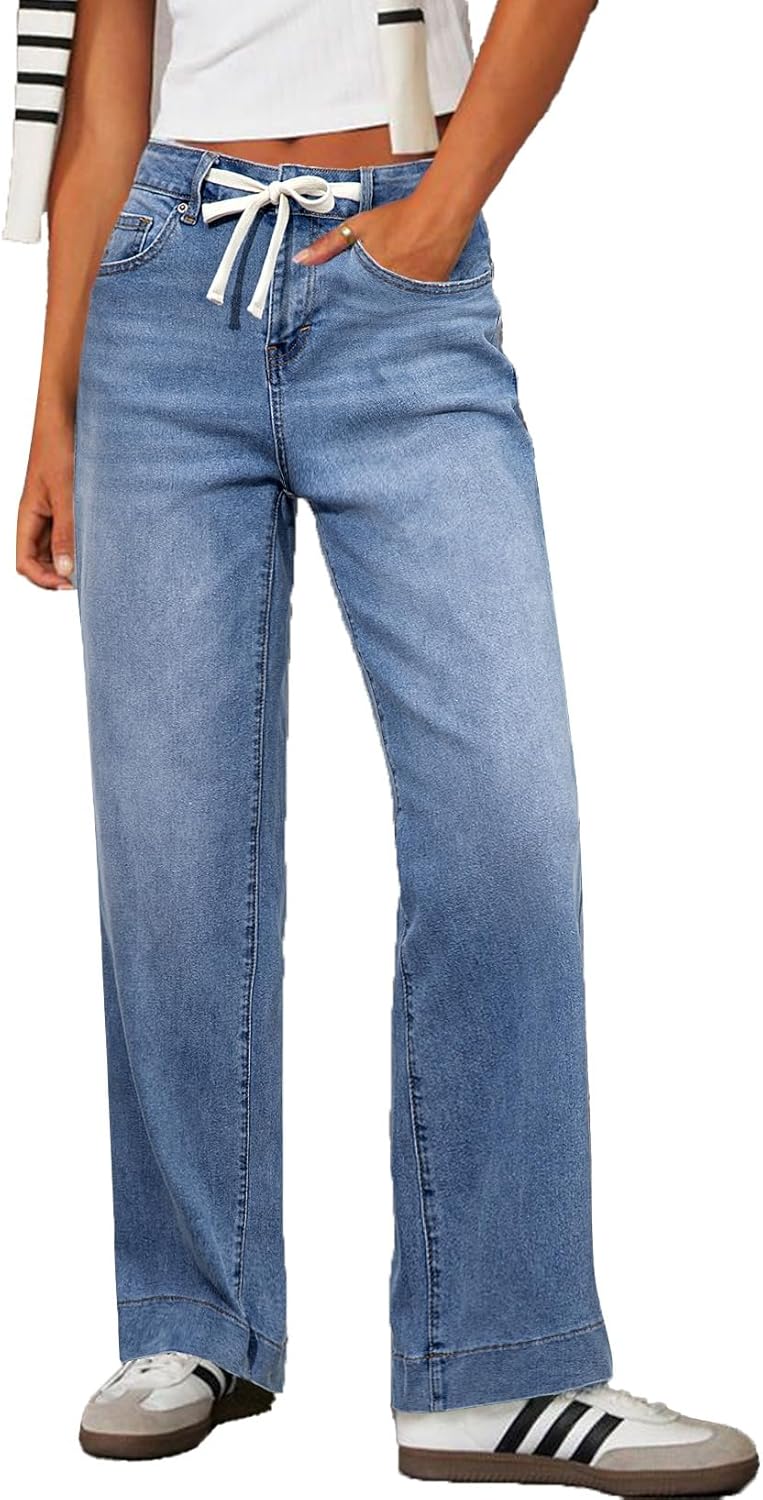 Sidefeel Women's Wide Leg Jeans High Waisted Stretchy Straight Leg Baggy Drawstring Zimbaplatinum Denim Pants