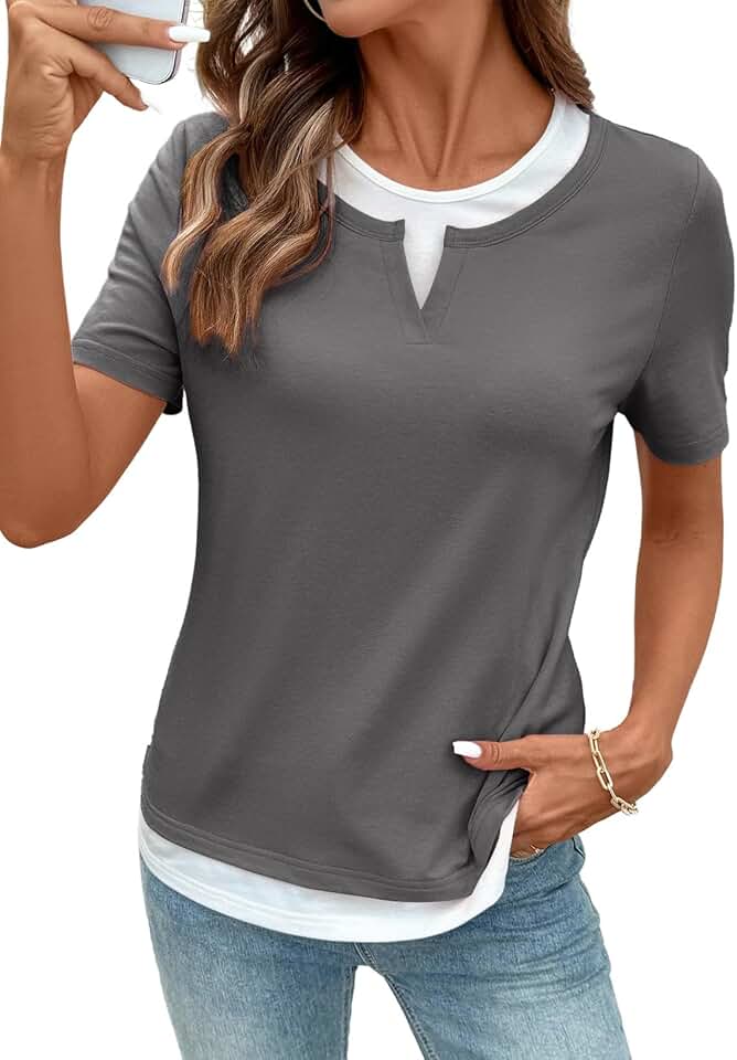 SHEWIN Womens Tops Casual Crewneck Color Block Short Sleeve Mock Double Layer T-Shirt Summer Outfits for Women 2026
