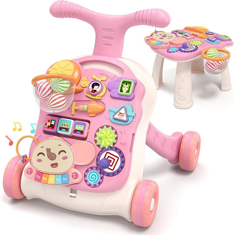 QDRAGON 3 in 1 Baby Walker and Activity Center for Girl, Learning to Walk, Sit to Stand, Early Educational Push Toys wit