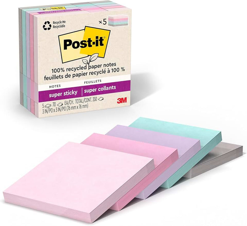 Post-it 100% Recycled Paper Super Sticky Notes, 3 in. x 3 in., 5 Pads, 70 Sheets per Pad, Wanderlust Pastels, School Sup