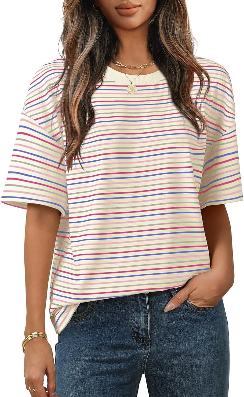 MEROKEETY Women's 2026 Summer Short Sleeve Tops Casual Colourful Striped Crewneck Loose Work T Shirts Blouses