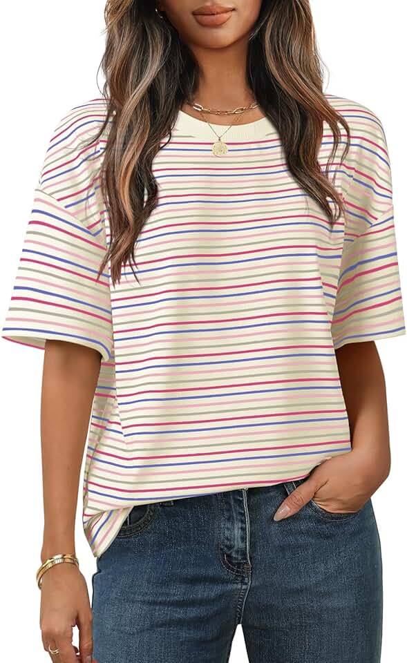 MEROKEETY Women's 2026 Summer Short Sleeve Tops Casual Colourful Striped Crewneck Loose Work T Shirts Blouses