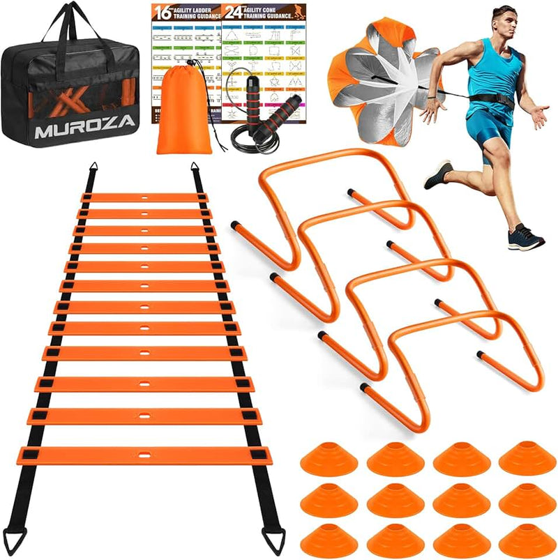 MUROZA Agility Ladder, Agility Speed Training Equipment Set, 20ft Speed Ladder, 12 Soccer Cones, 4 Hurdles, Jump Rope, R