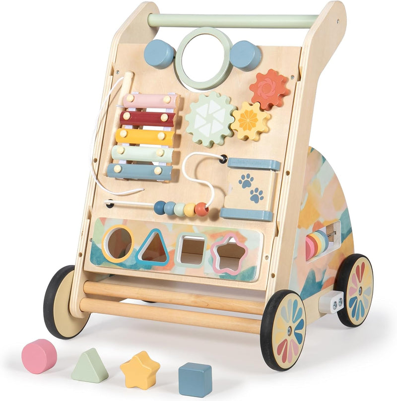 LOL-FUN Wooden Baby Walker with Detachable Busy Board, Push Walker for Baby with Adjustable Speed Wheels, Activity Learning Walker for Boys Girls 12 Months