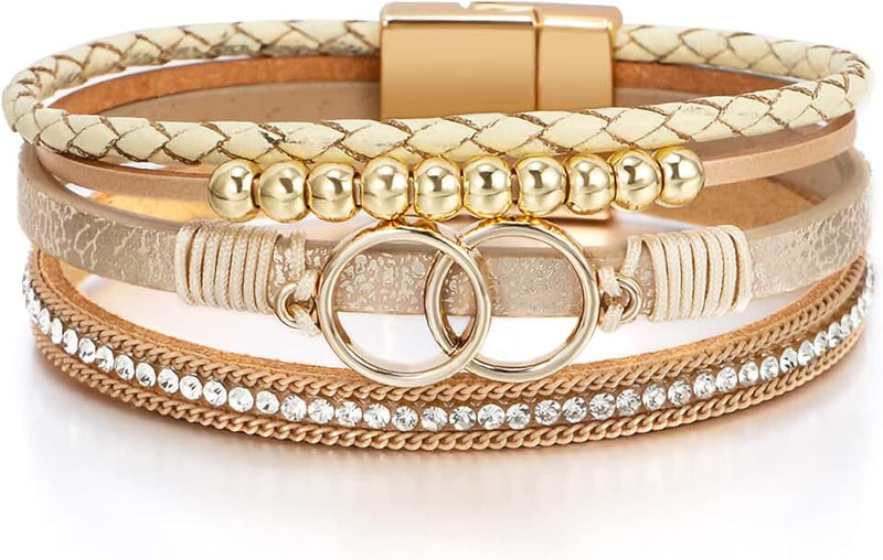 Fesciory Mothers Day Gifts for Mom Leopard Bracelet for Women, Boho Leather Wrap Multi-Layer Pearl Crystal Bracelet Bang
