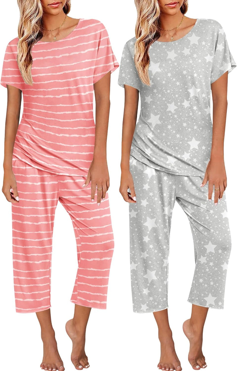 Ekouaer 2 Pack Womens Pajamas Sets Short Sleeve Tops and Capri Pants Pjs Colorful Printed Sleepwear Sets