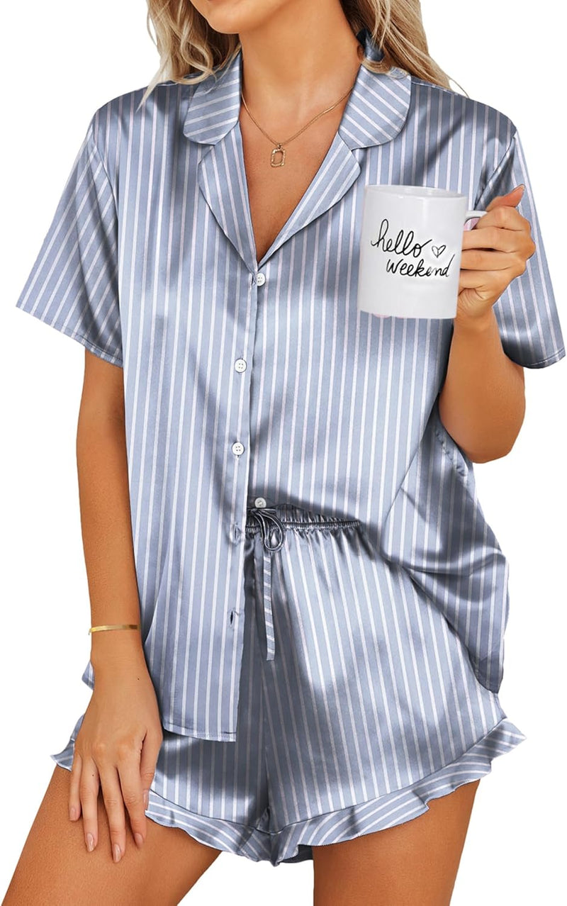 Ekouaer Womens Satin Pajamas Set Button Down 2 Piece Silk Pjs Shorts Set Ruffle Lingerie Notch Collar Sleepwear