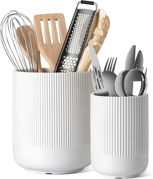 LE TAUCI Utensil Holder for Kitchen Counter, 7.3"+5.4" Fluted Ceramic Utensil Crock Organizer for Countertop, Heavy Larg