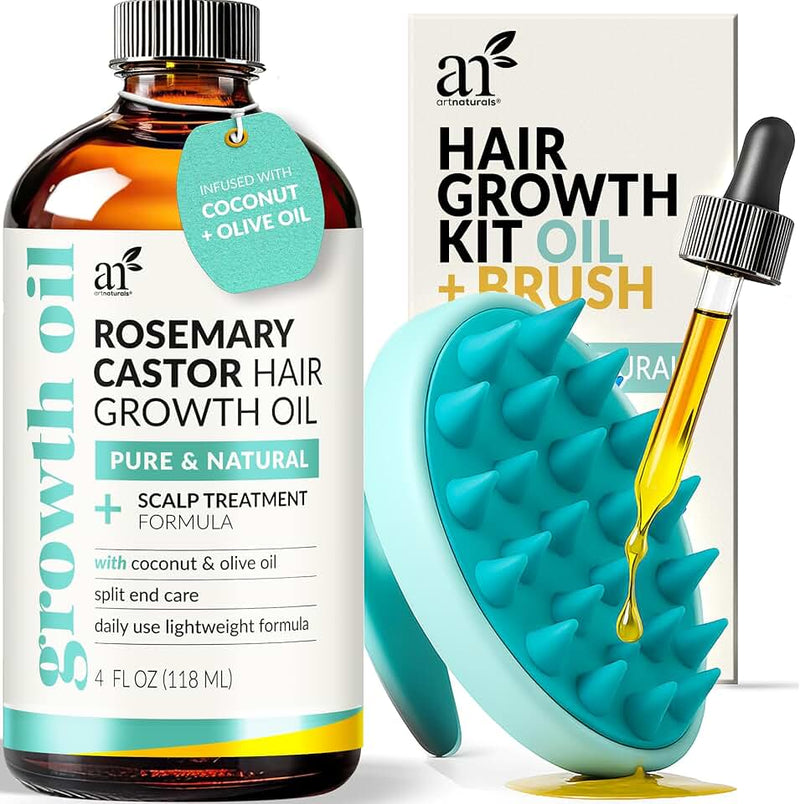 Artnaturals Organic Rosemary Castor Hair Oil + Massager Hair Growth Set Hair Growth Oil 4 ounces with Coconut & Olive Oi