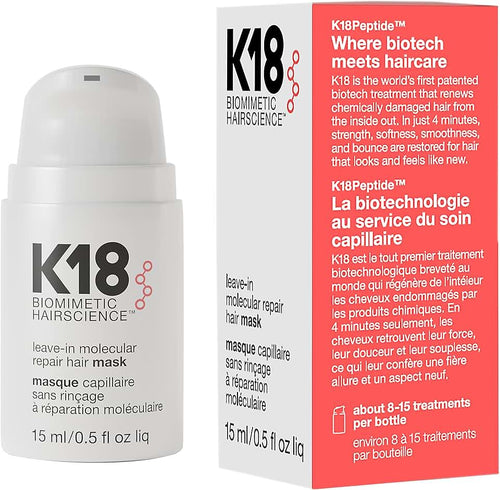 K18 Leave-In Molecular Repair Hair Mask, Patented, Lasting Repair For Dry, Frizzy, Damaged Hair, Reverse Damage In 4 Min