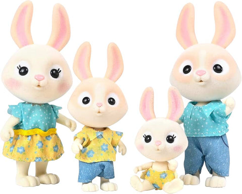 Honey Bee Acres The McScampers Rabbit Family, 4 Mini Flocked Doll Play Figures, Bunny Collectibles, Pretend Play Toys fo