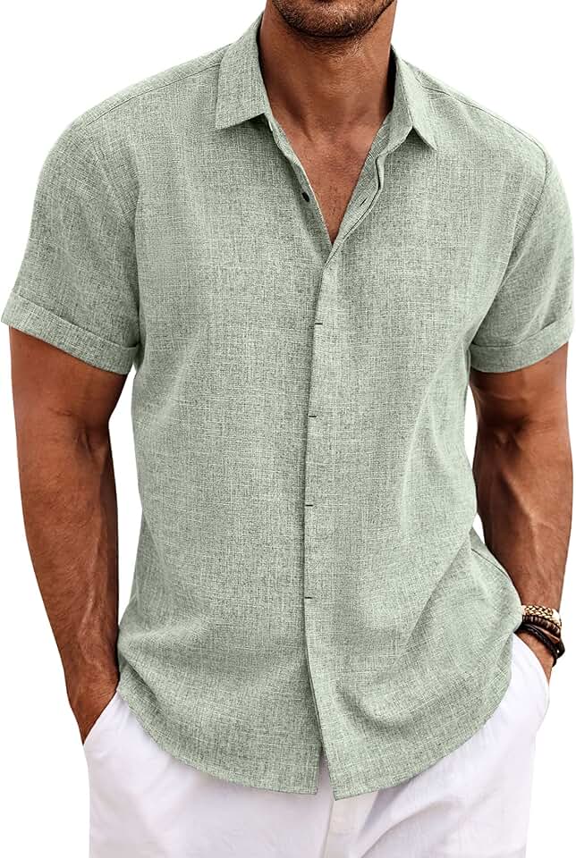 COOFANDY Men's Linen Shirts Short Sleeve Casual Shirts Button Down Shirt for Men Beach Summer Wedding Shirt Global Recyc