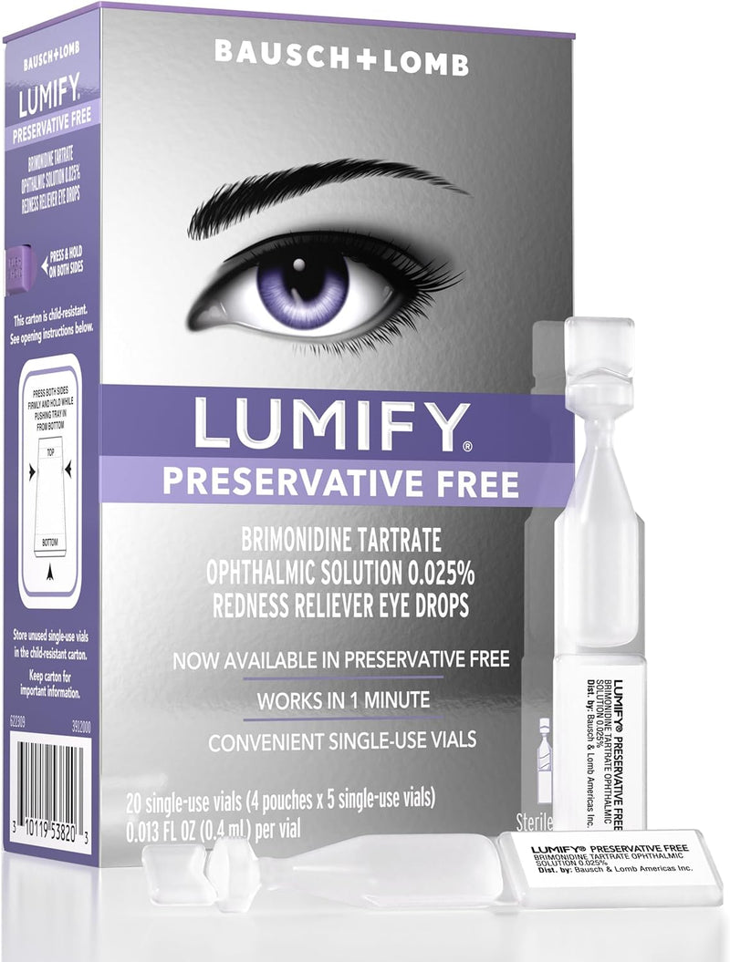 LUMIFY Preservative Free Eye Drops for Red Eyes, Redness Reliever for Sensitive Eye, Brighter and Whiter Looking Eyes, Works in 1 Minute & Lasts Up to 8 Hours, 20 Single-Use Vials