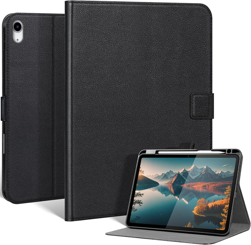 Genuine Leather Case for iPad 12th/11th/10th Gen (11"/10.9") 2025-2022 with Pencil Holder and Adjustable Stand, Magnetic Closure, Auto Wake/Sleep Cover, Black