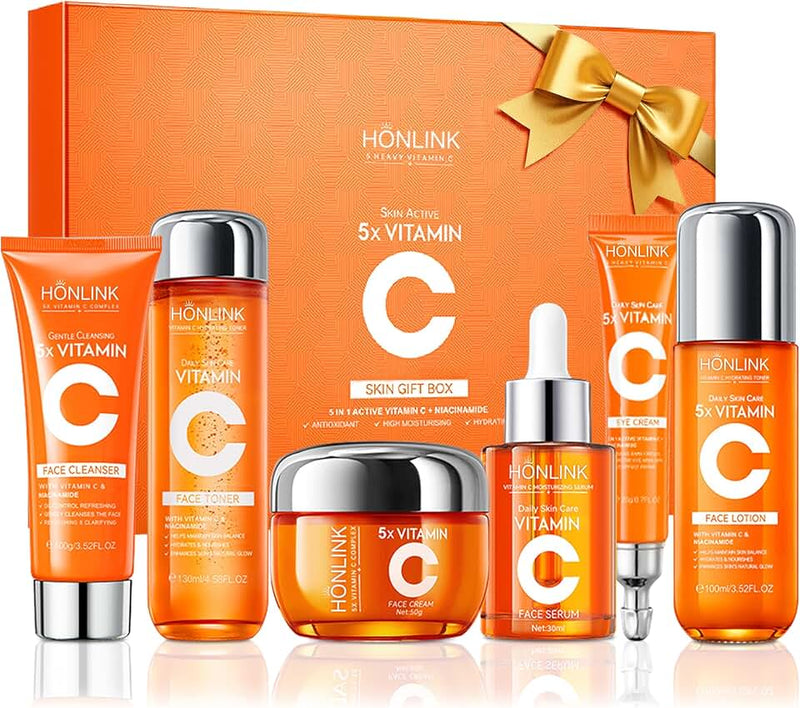 6-Piece Hydrating Skincare Set with Vitamin C & Niacinamide, Face Care Kit Includes Toner, Serum, Cleanser, Moisturizer,