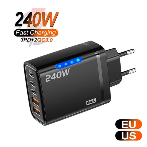 240W GaN USB C Charger 5 in 1 Fast Charging Phone Charger Power Adapter For iPhone Samsung Xiaomi Type C EU/US Plug Wall