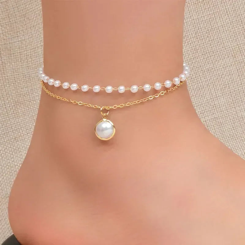 2026 New Two Layers Pearl Anklets for Women Korean Fashion Elegant Bracelets Gold Color Silver Color Metal Chain Wrist J