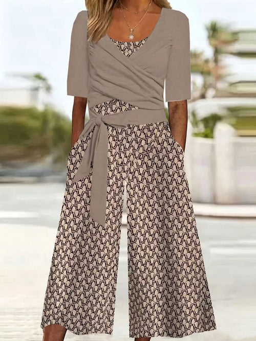 Fashion cross tie solid color top casual geometric print sleeveless round neck vest jumpsuit two-piece set