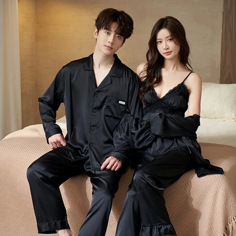 Women and Men Silk Sleepwear Couple Pajamas Sets Autumn and Winter Sexy Lingerie Set Wedding Nightwear His and Hers Home
