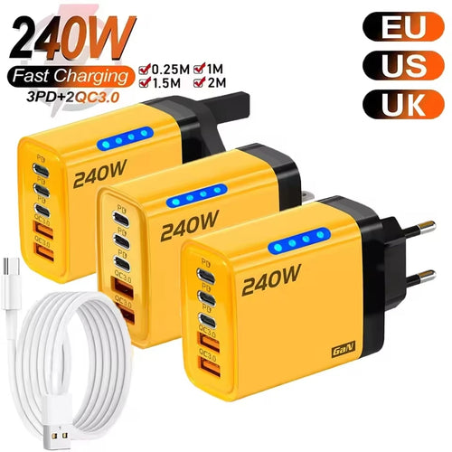 GaN Fast Charger 240W 5 Ports PD Quick Charge 3.0 2USB 3Type C For iPhone 15 16 17 Samsung Xiaomi Huawei Tablet EU US UK