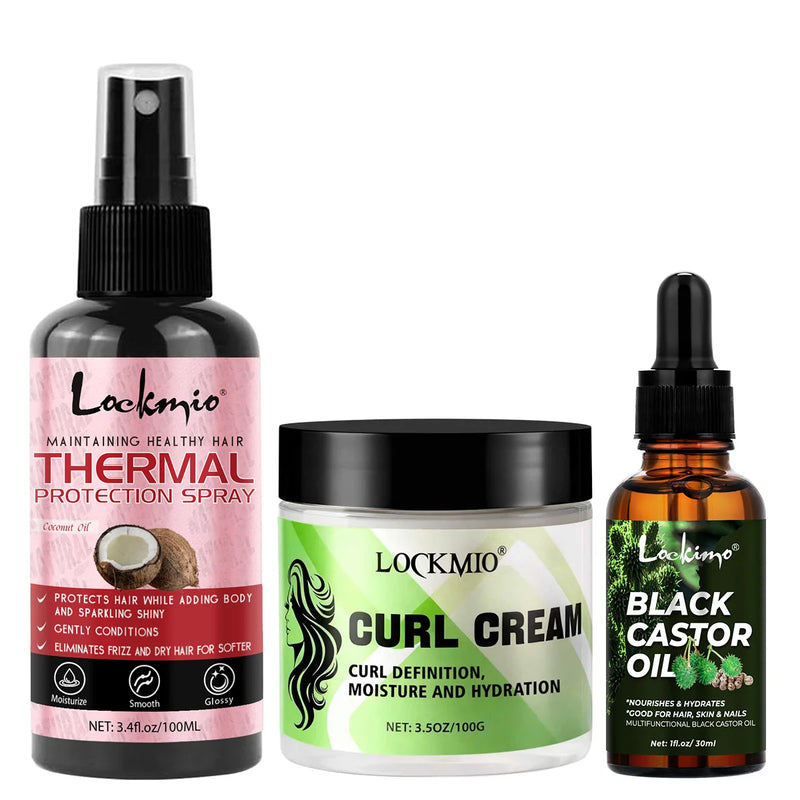 Curly Hair Hydration Styling Set Heat Protection Spray, Curl-Defining Cream,Black Castor Oil Long-Lasting Moisture Care